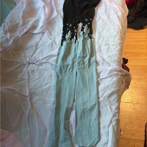 Two-Tone Black and Light Blue Wide-Leg Jumpsuit